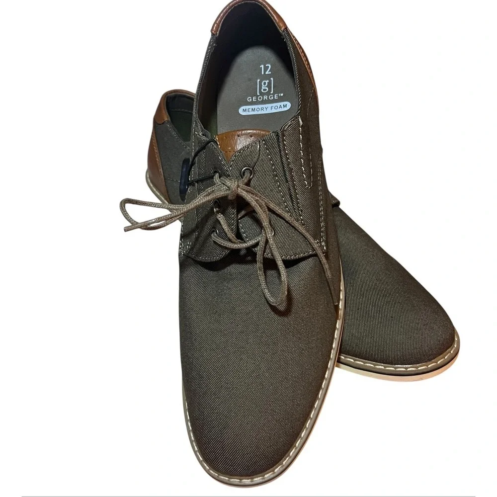 George Mens Dress‎ Shoes Size 12M Brown Fabric Upper Memory Foam Oxfords NEW